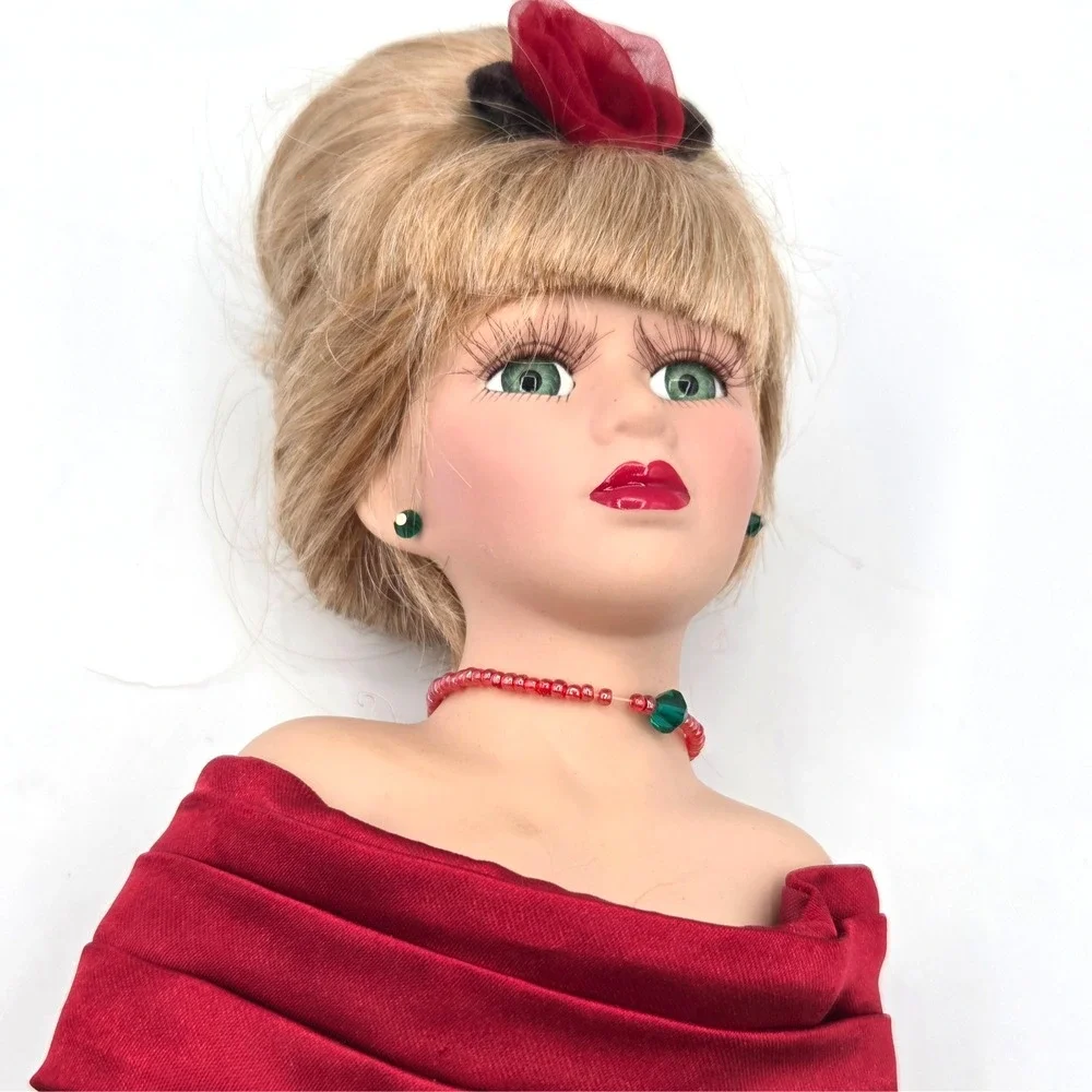 Vintage Camellia Garden Brass Key Swarovski Crystal Porcelain‎ Doll Red Gown